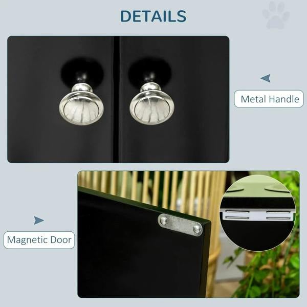 Black pet feeder details showing metal door handles and a magnetic door latch.