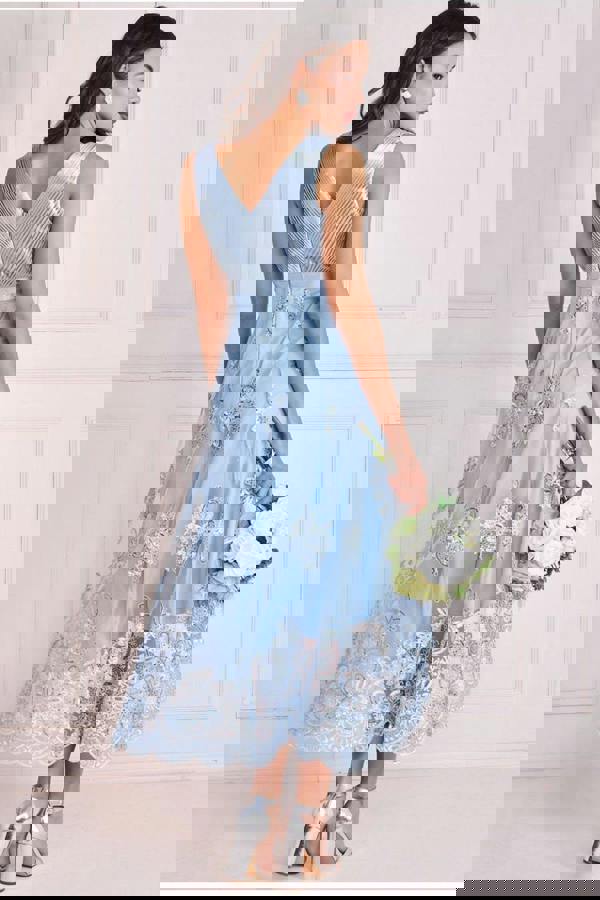 Pleated Satin V Neck High And Low Midi - Light Blue DR3813QZ