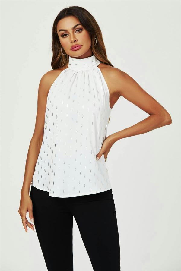 FS Collection Silver Foil Halter Neck Tie Back Top In White