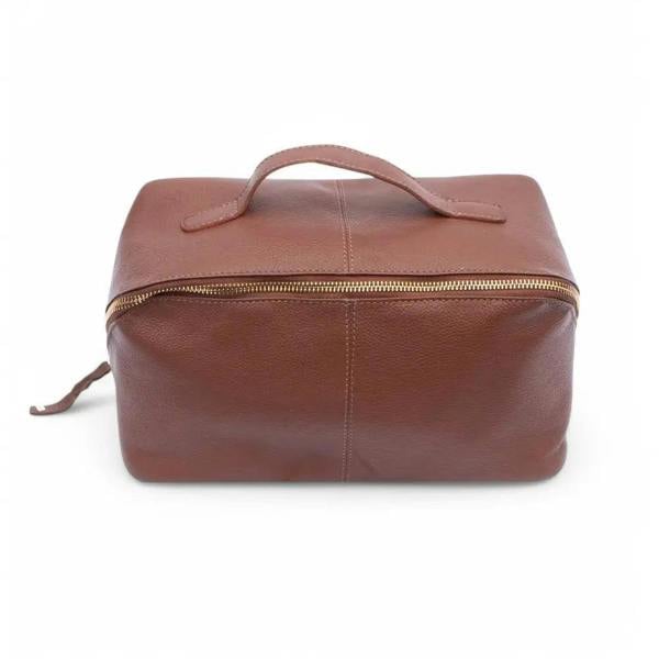 Front view of Tan large makeup washbag Seville