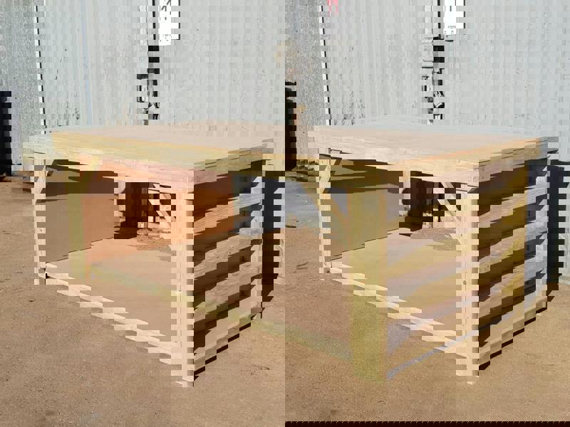 Wooden MDF top workbench with extra shelving, featuring a solid timber frame and smooth 18 mm MDF work surface designed for practical workshop use
