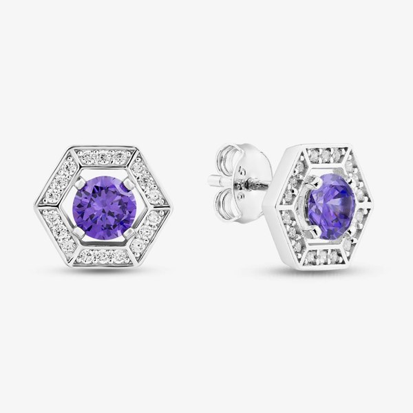 T. H. Baker Sterling Silver Rhodium Plated Purple Cubic Zirconia Hexagon Stud Earrings 8.57.0020