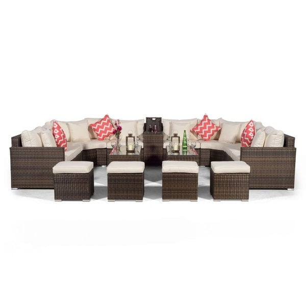 Giardino Santorini U Shape Modular 8 Seat Rattan Sofa Set With Armrest Drinks Cooler, 2 Coffee Tables & 4 Stools