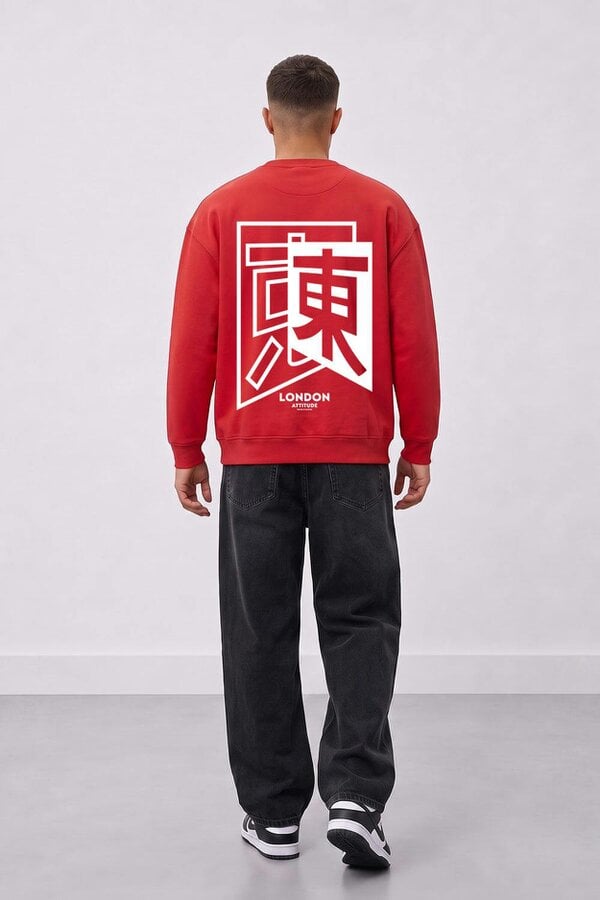 London Attitude Relaxed Fit Japanese Inspired Graphic Sweatshirt - Fiery Red