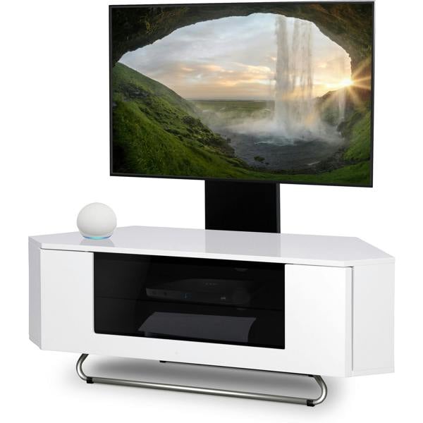 Homeology Hampshire Corner-Friendly Gloss White with Contrast Beam-Thru Remote Friendly Door 26"-50" Flat Screen TV Cabinet with Mounting Arm