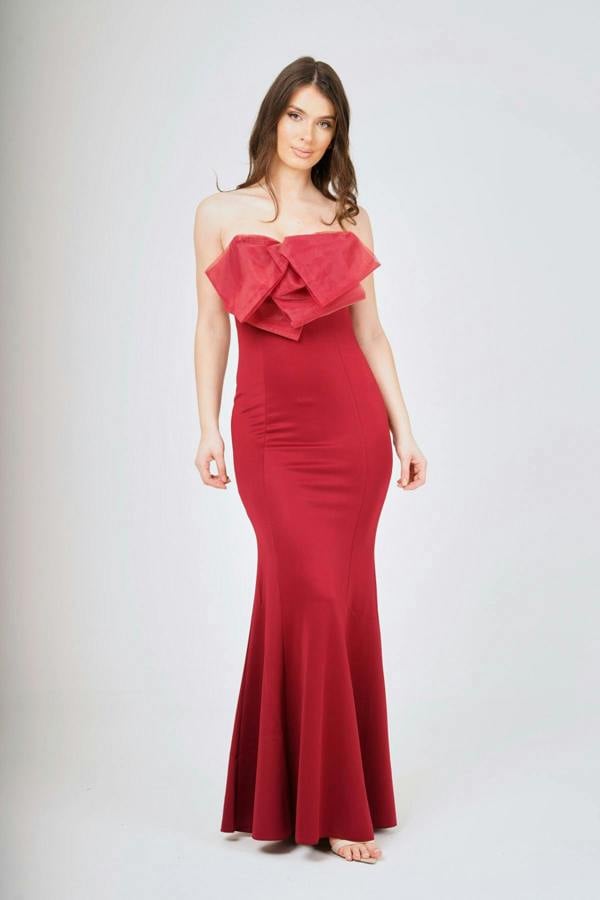 LuvForever Wine Off- Shoulder Bow-Tie Maxi Dress