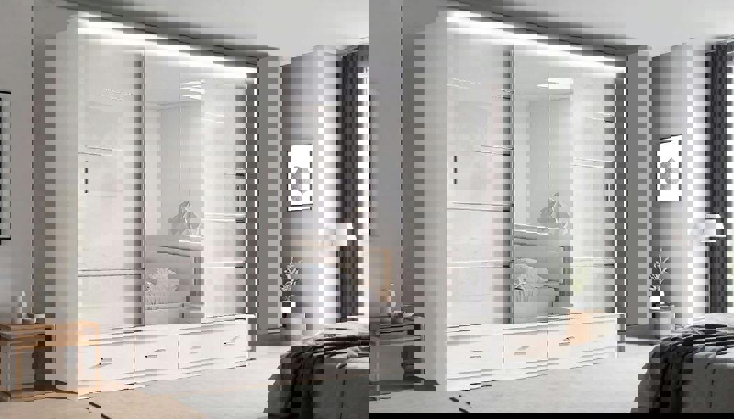 RAC3 Race to Road Stylish Bedroom Sliding Wardrobe with LED Light - Ample Storage Space and Sleek Design comes in White/Grey/Black & Width 205cm/256cm