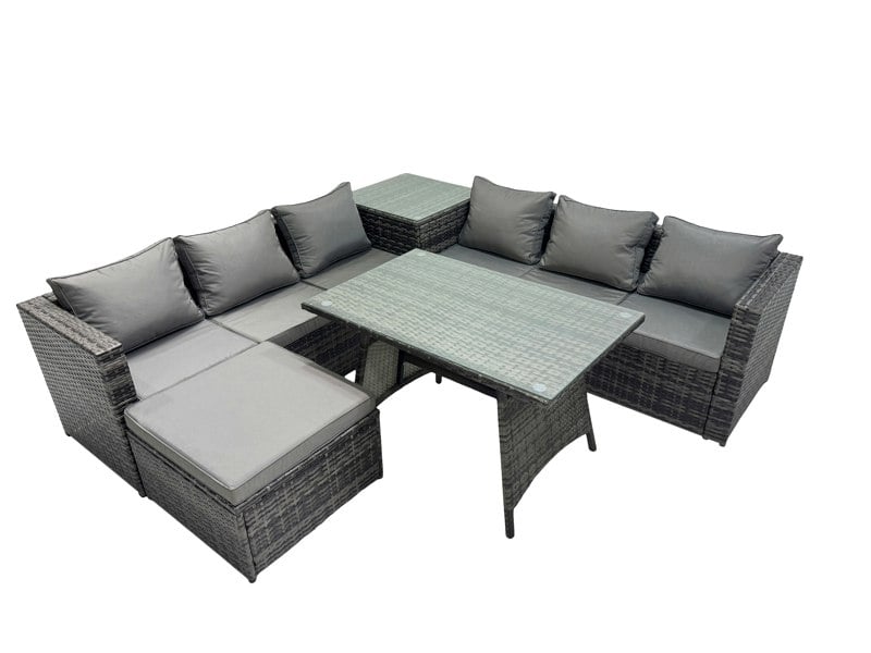 Fimous Outdoor Corner Sofa Dining Table Set Garden Rattan Furniture Set 7 Seater with Side Table Big Stool Dark Grey