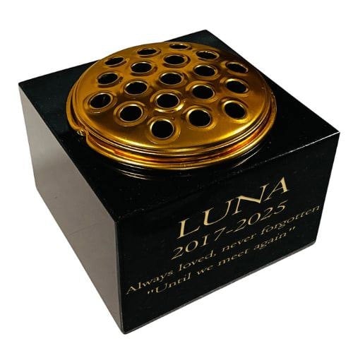 Memorials Direct Granite Memorial Vase for Pet- Cat -Rectangle Shape – 6x6x4" - with Gold Metal Flower Insert