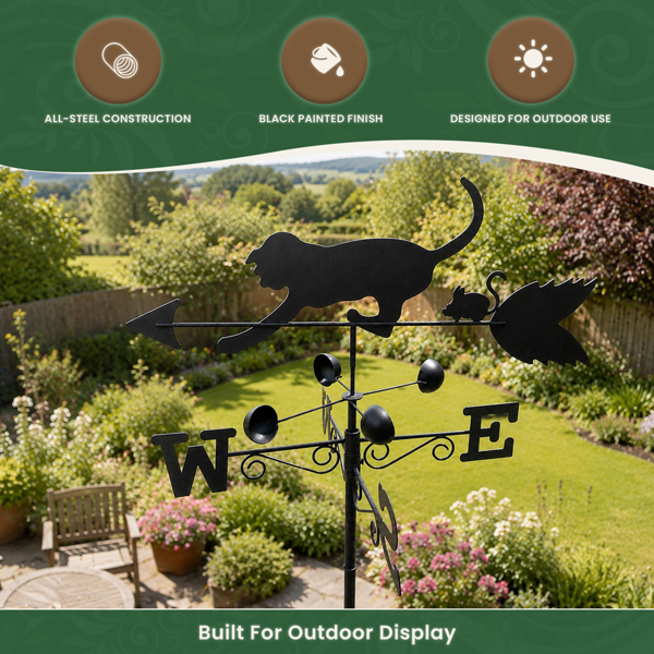 Cat & Mouse Steel Weathervane, Black Painted All-Steel Weather Vane With Wall Fixings and 1.7m Ground Spike, Wind Speed Cups
