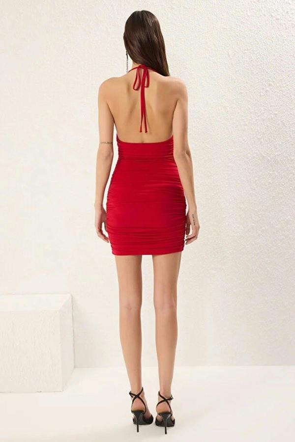 WOVCOR Fitted V-neck Knitted Short Dress