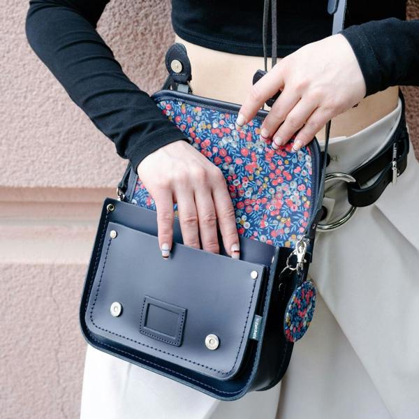 Zatchels Floral Lined Leather Midi Satchel - Navy