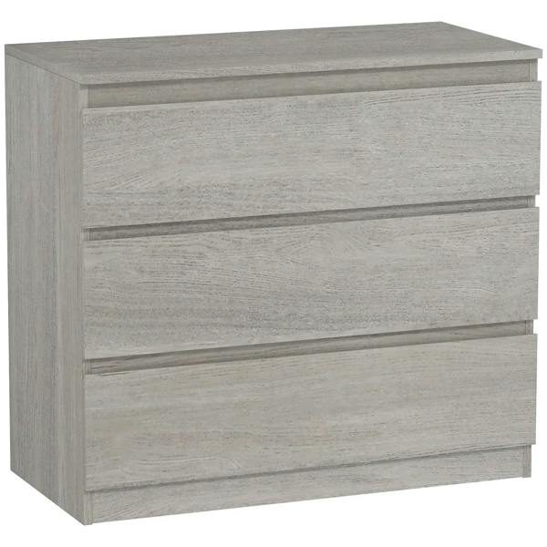 Grey wood-effect three-drawer chest with flat drawer fronts