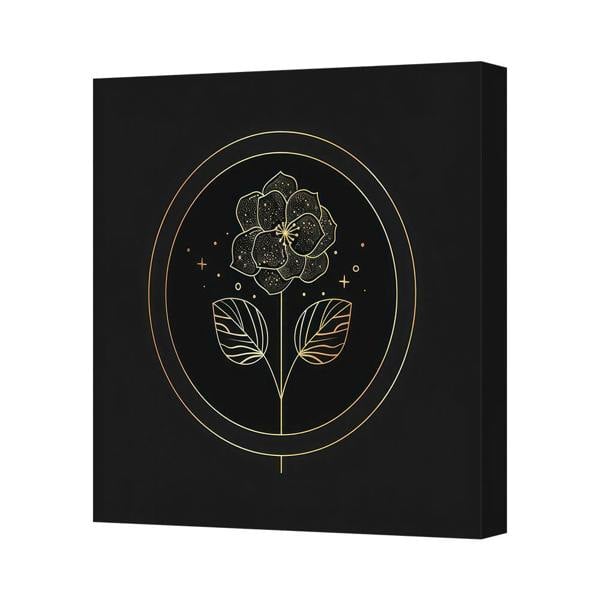 Benjamin Tate Design Gold Line Floral Canvas Art Print On Black Background Handmade In UK