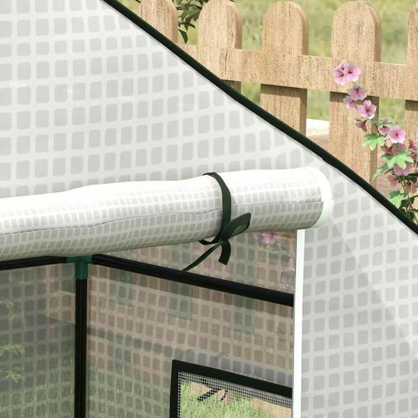 Rolled white PE greenhouse cover door with tie straps and mesh window opening