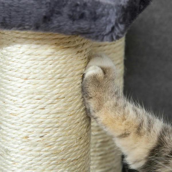 Sisal rope-wrapped post with grey plush edge, cat paw reaching