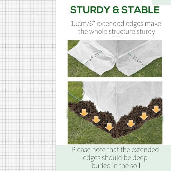 White greenhouse cover with reinforced extended edges, shown to be buried in soil