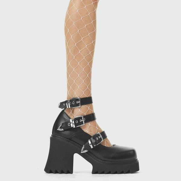 Lamoda Harmony Black PU Mary Jane Chunky Platform Shoes Stylish Comfortable