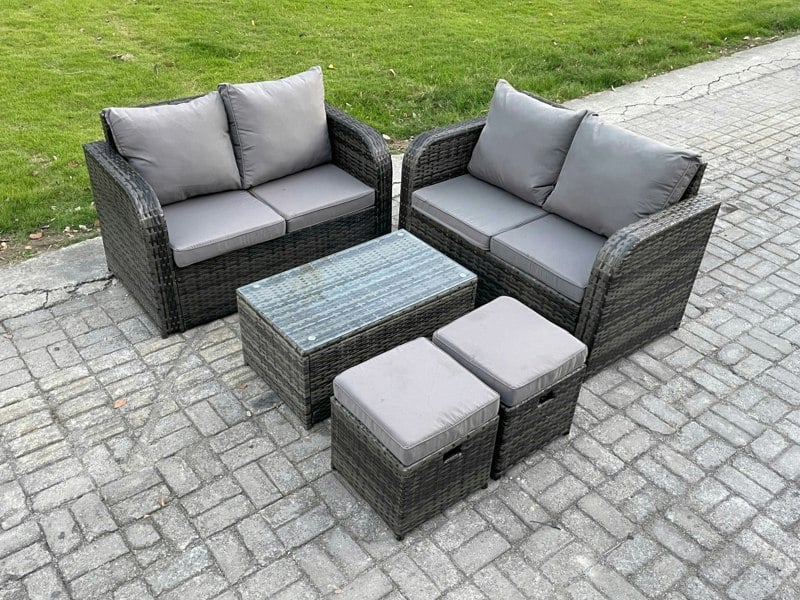Fimous Rattan Garden Furniture Set 6 Seater Patio Outdoor Lounge Sofa Set with Rectangular Coffee Table 2 Small Footstools Dark Grey Mixed