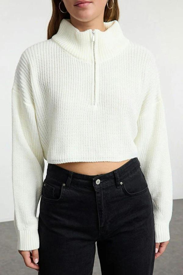 WOVCOR Super Crop Knit Sweater with Zipper Detail