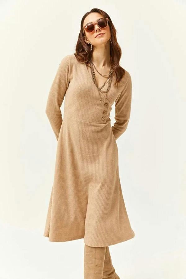 Hoxton Gal Double-Breasted Midi A-Line Dress with Button Details