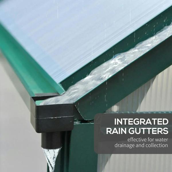 Dark green greenhouse integrated rain gutters with water drainage spout