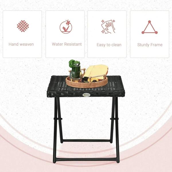 Black square wicker rattan folding table with woven top and four folding legs
