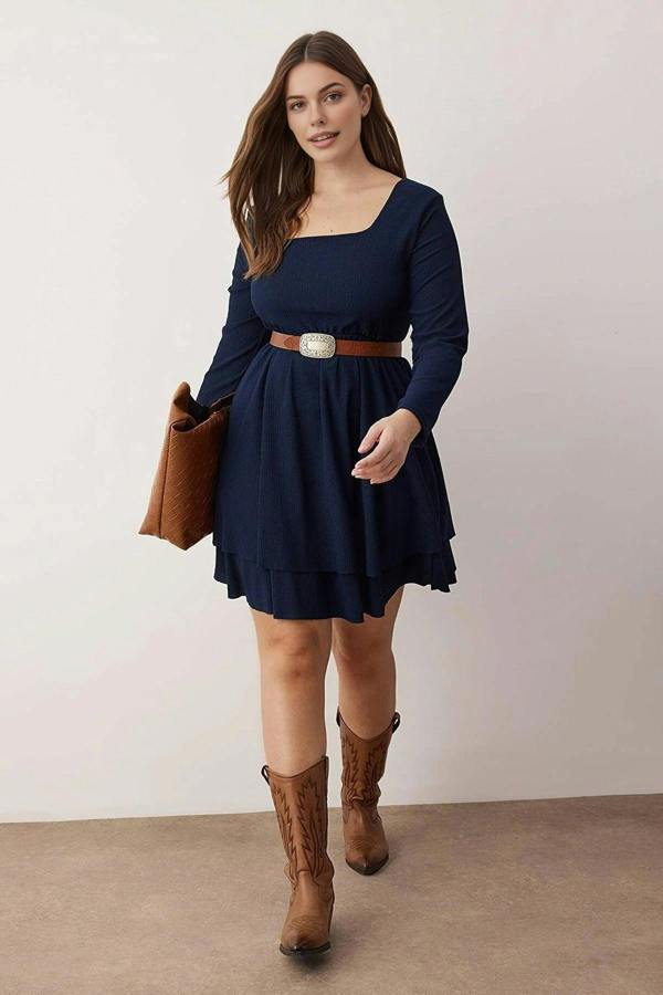 WOVCOR Square Neck Skater Crepe Knit Plus Size Dress