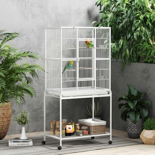 PawHut Rolling Bird Cage w/ Detachable Stand Storage Shelf Wood Perch, White