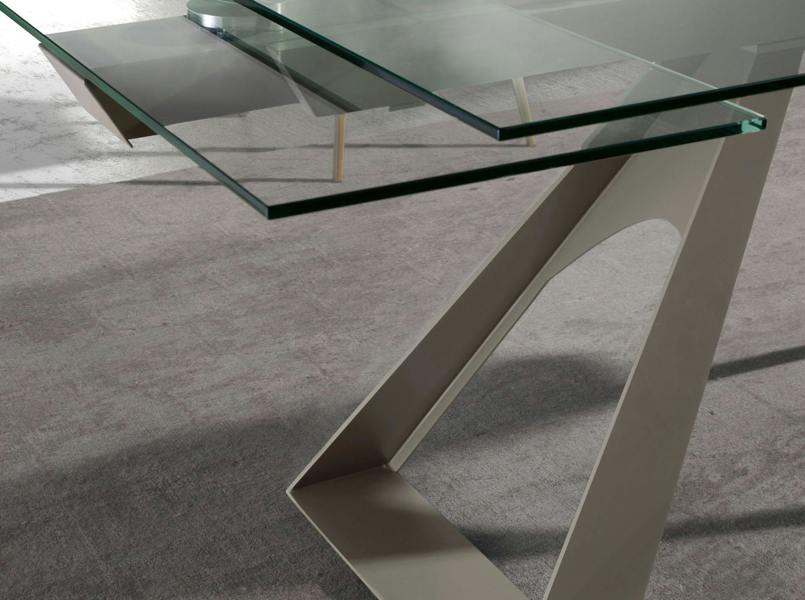 Angel Cerdá Rectangular extending dining table in tempered glass and taupe grey steel 1125