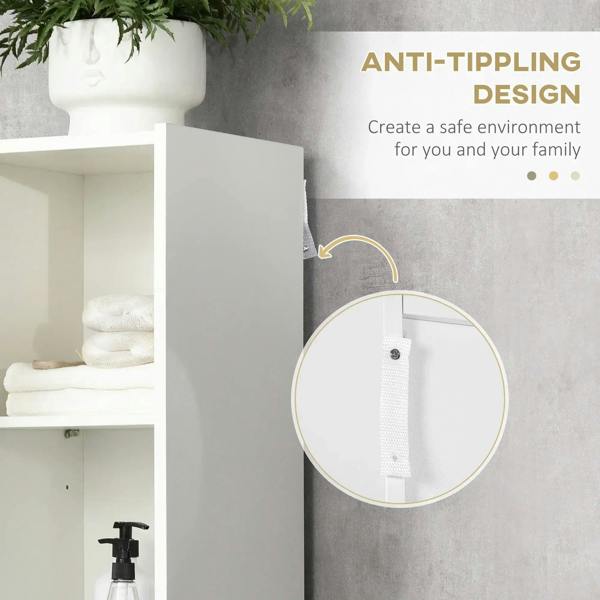 White cabinet door open with anti-tipping strap anchored on side panel