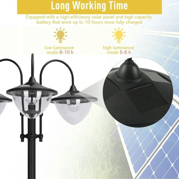 Black 3-head solar street lamp with solar panel and lantern heads close-up