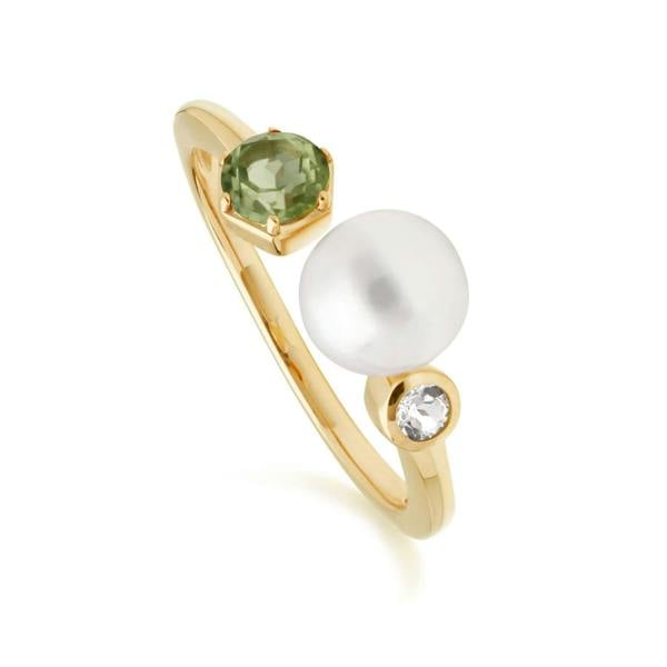 270R058606925 Modern Pearl, Peridot & Topaz Open Ring in Gold Plated Silver 1