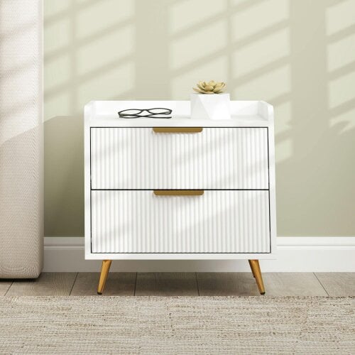 Wyld Haus Yoha White and Gold Ribbed 2 Drawer Bedside Table