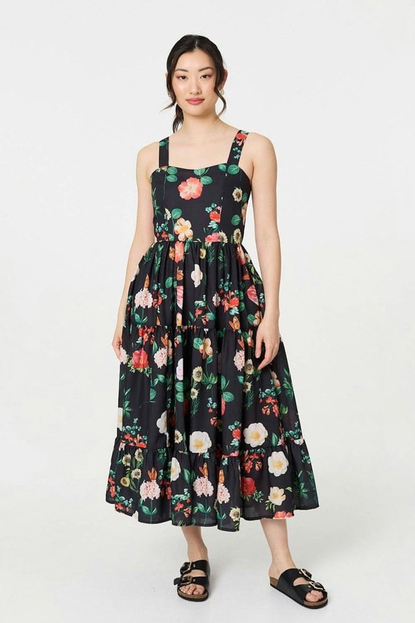 Black | Floral Sleeveless Skater Midi Dress
