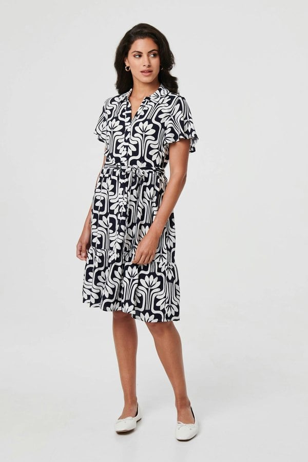 Navy | Printed Short Sleeve Mini Shirt Dress
