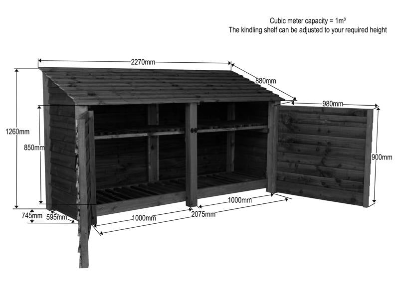 Arbor Garden Solutions Wooden Log Store with Doors and Shelf W-227cm, H-126cm or 180cm, D-88cm - Brown Finish