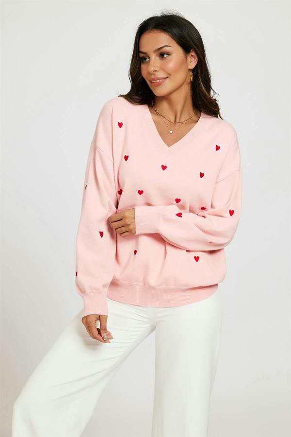 FS Collection Embroidery Red Heart V Neck Jumper In Milk Pink