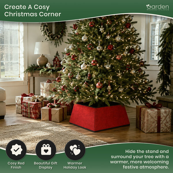 Square Red Christmas Tree Skirt, Cosy Fabric Stand Cover for 1.5–2.1m Trees, Easy Unfold Design, 48cm x 48cm Base, 25cm High