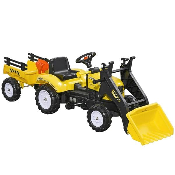 Yellow kids pedal go-kart excavator with front loader bucket and large white wheels