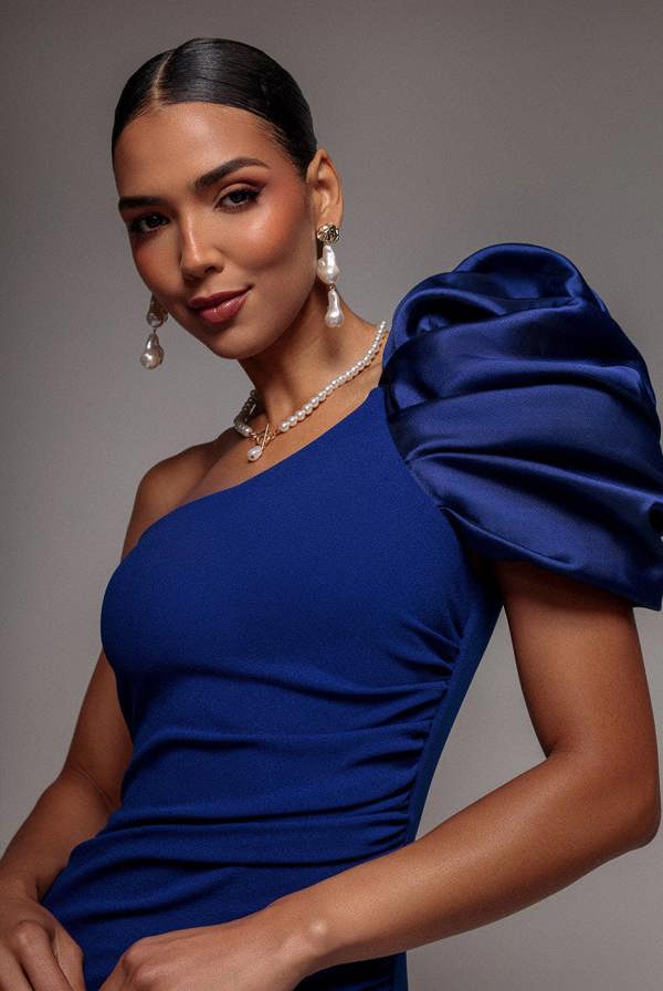 One Shoulder Puffed Satin Sleeve Evening Maxi Dress - Royal Blue DR4640