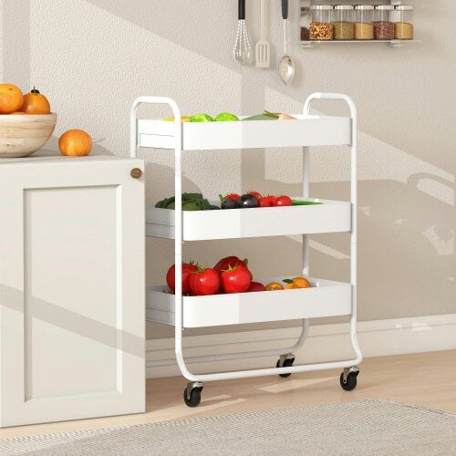 Wyld Haus Saseta Sosa Metal White 3 Tier Rolling Utility Trolley With Mesh Baskets