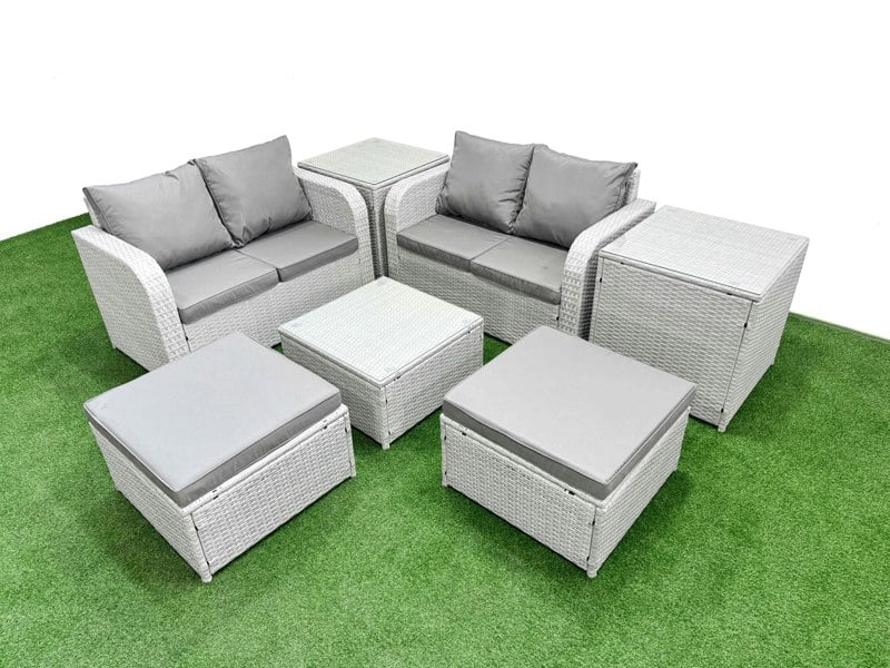 Fimous 6 Seater Outdoor Love Sofa Set Rattan Garden Furniture Set with Square Coffee Table 2 Footstool 2 Side Tables Light Grey