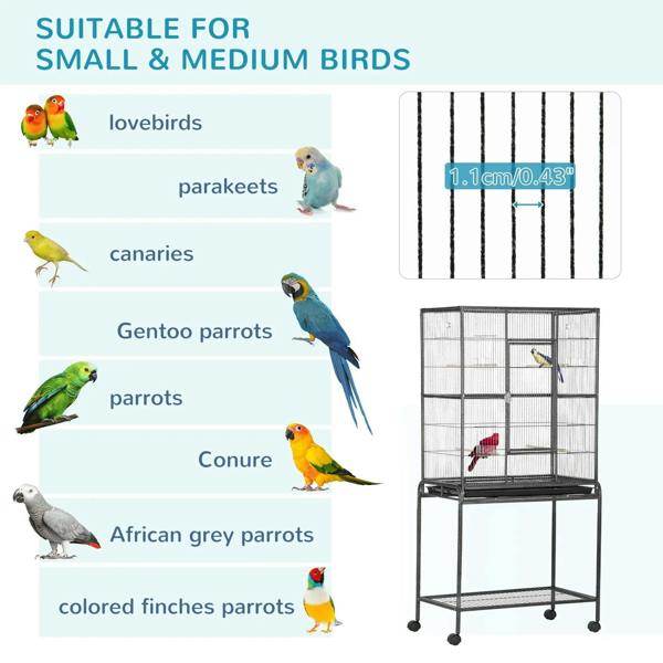 Black bird cage suitable for small and medium birds; close-up shows narrow bar spacing