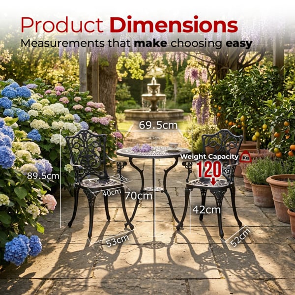 Centurion Supports TABREEZ Garden and Patio Table and 2 Large Chairs with Armrests Cast Aluminium Bistro Set - Black