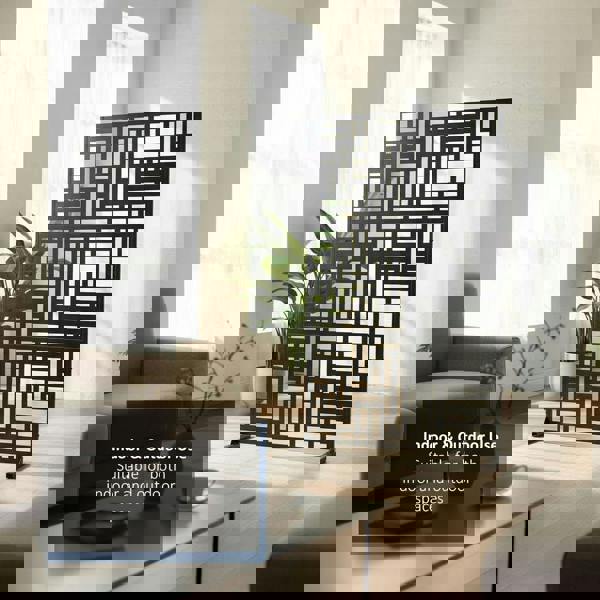 Black metal privacy screen in a living room with text indicating indoor and outdoor use.