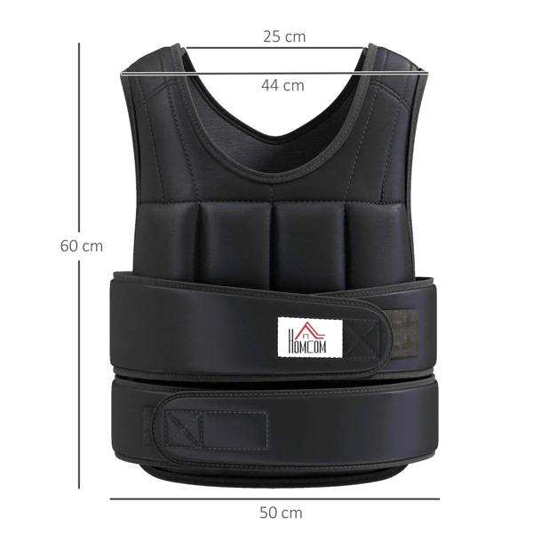 Black weighted vest with adjustable front belt and padded weight compartments