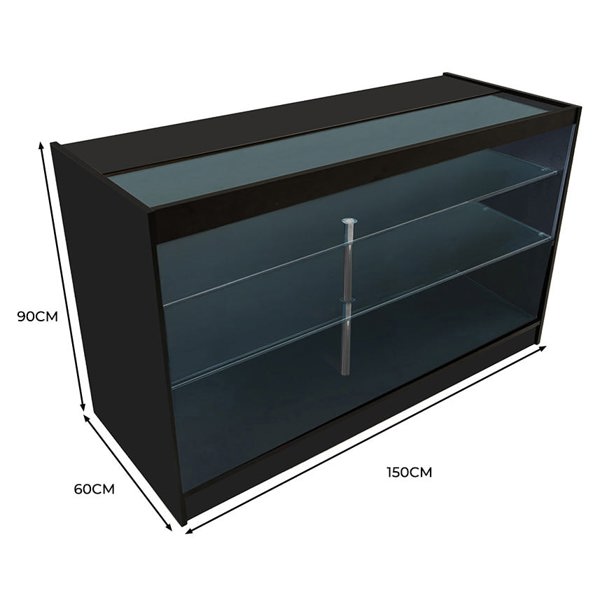 Black LED retail shop counter B1500 with glass shelves, sleek design, dimensions 150cm x 60cm x 90cm, ideal for displays