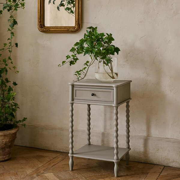 Wyld Haus Thuy Grey Wood One Drawer Side Table Bottom Shelf