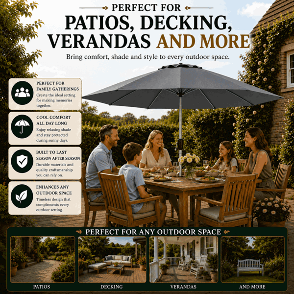 GlamHaus Tilting Garden Parasol Table Umbrella 2.7M with Crank Handle, UV40 Protection, Free Protection Cover - Dark Grey